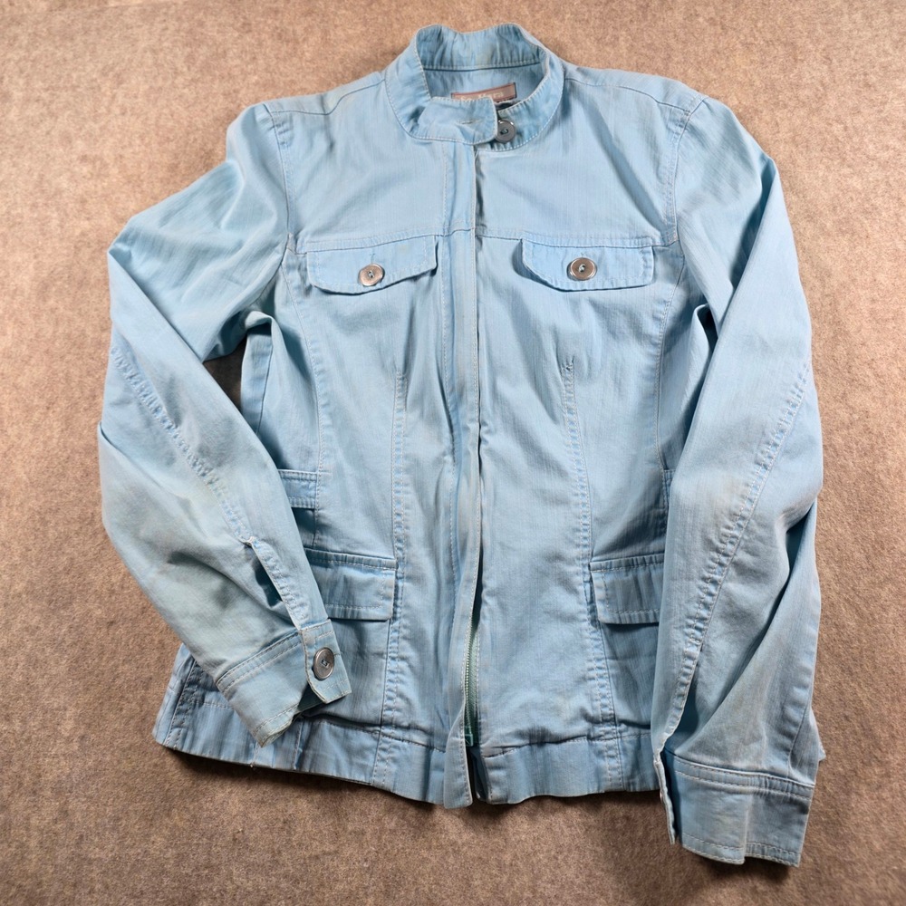 Sa. Hara Womens Light Blue Utility Denim Jacket Zip Front Mandarin Collar Small